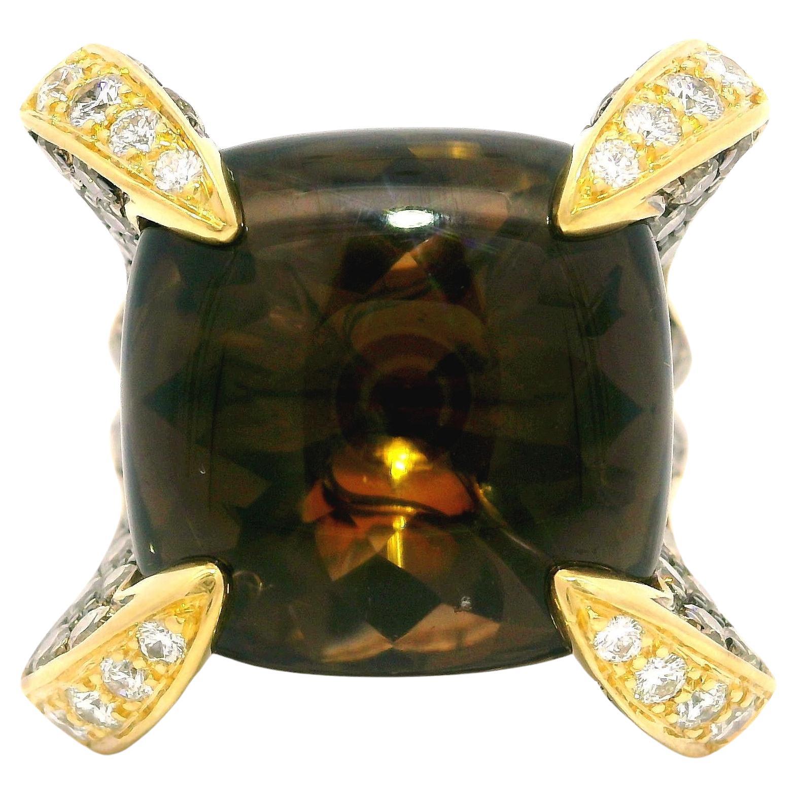18k Yellow Gold 21ctw Cabochon Smokey Quartz & Colored Diamond Ring