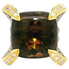 18k Yellow Gold 21ctw Cabochon Smokey Quartz & Colored Diamond Ring