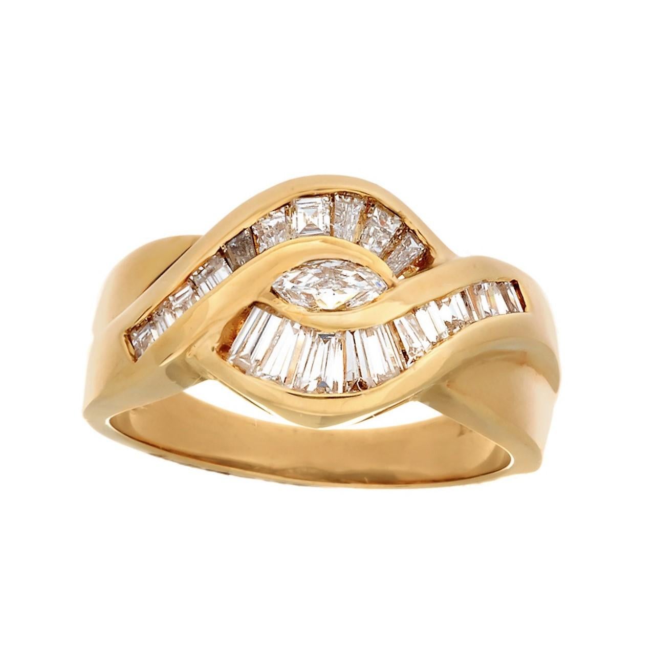 Oval Cut 18 Karat Yellow Gold 22-Diamond Marquise and Baguette Band Ring For Sale
