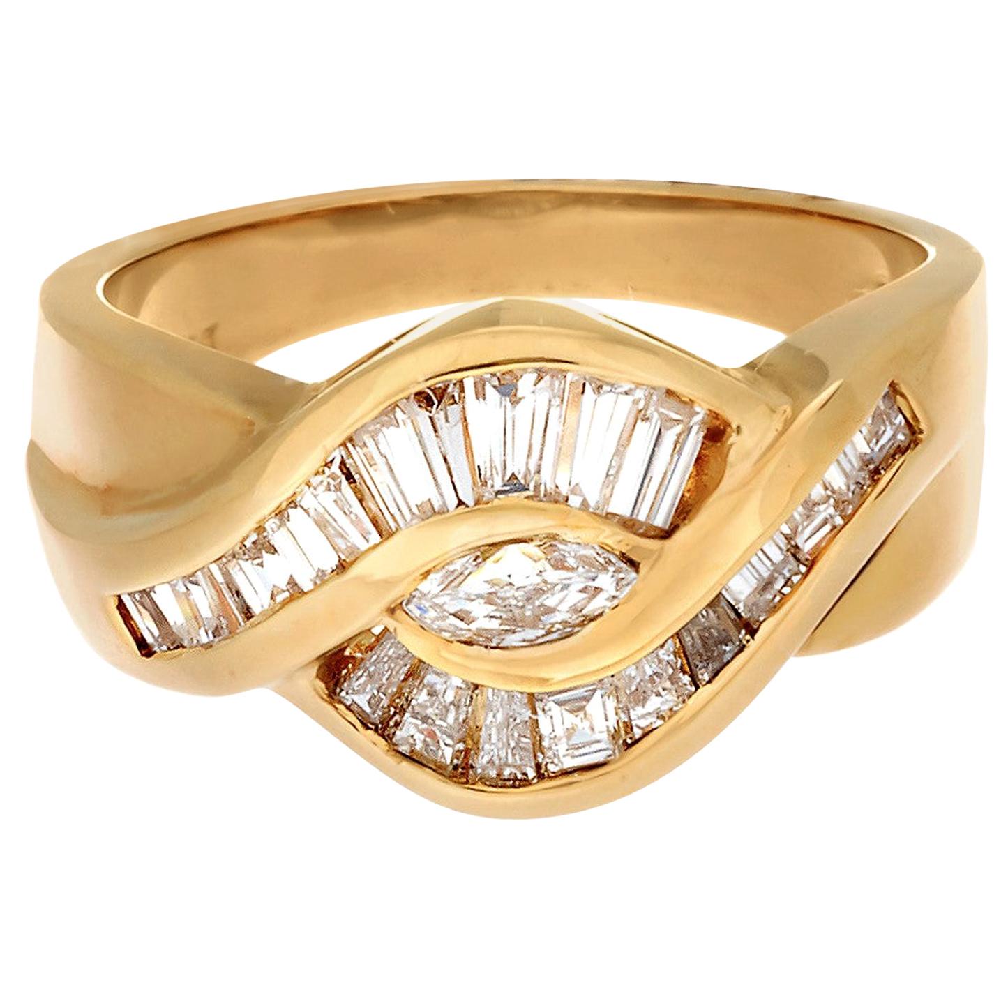 18 Karat Yellow Gold 22-Diamond Marquise and Baguette Band Ring For Sale