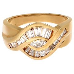 Retro 18 Karat Yellow Gold 22-Diamond Marquise and Baguette Band Ring