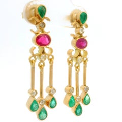 18k Yellow Gold 2.20ctw Ruby Emerald & Diamond Dangle Drop Chandelier Earrings