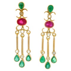 18k Yellow Gold 2.20ctw Ruby Emerald & Diamond Dangle Drop Chandelier Earrings
