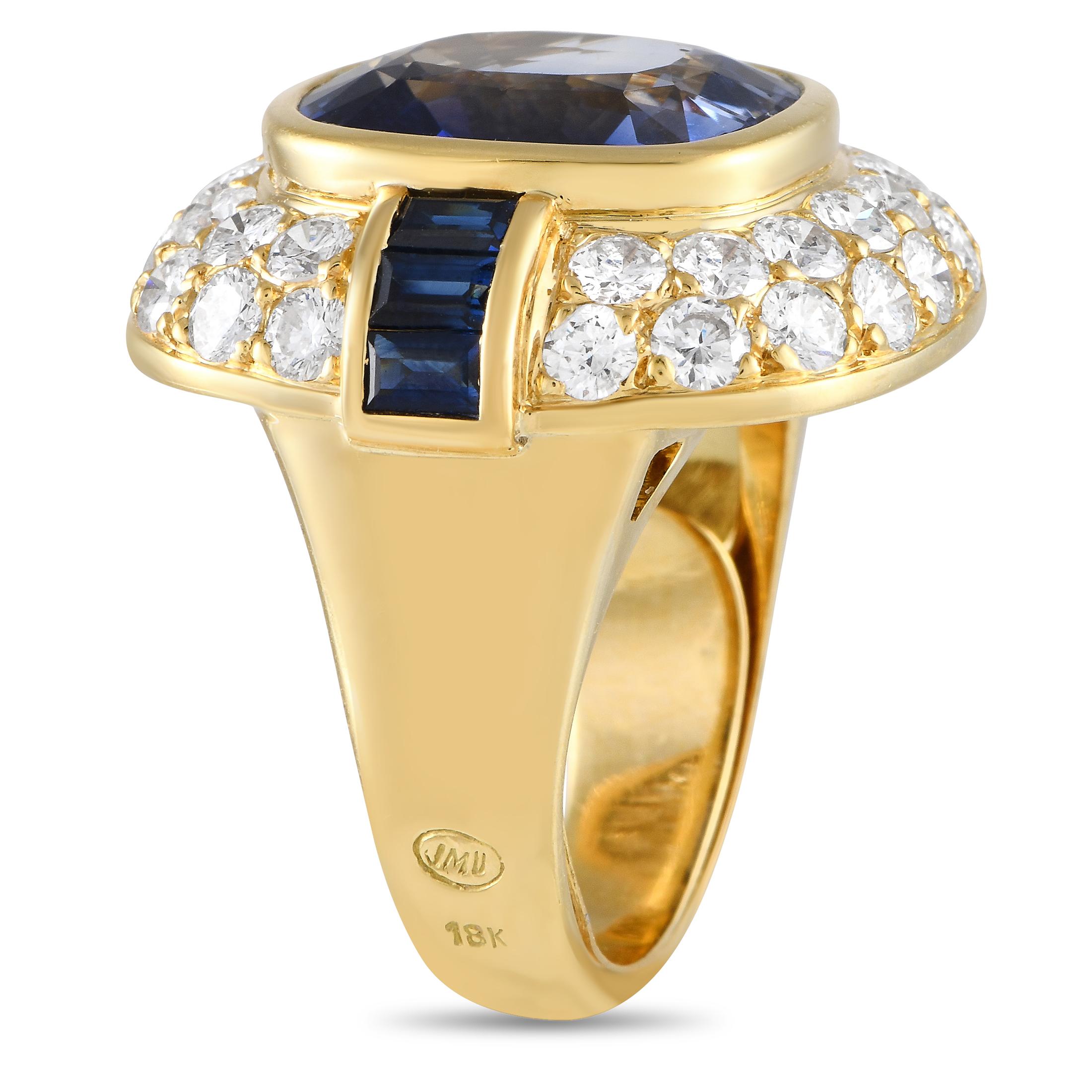 Add opulence to any outfit with this bold 18K yellow gold ring. Deep blue tanzanite gemstones with a total weight of 8.37 carats are elegantly accented by inset diamonds totaling 2.25 carats. This piece features a 5mm wide band and a 9mm top