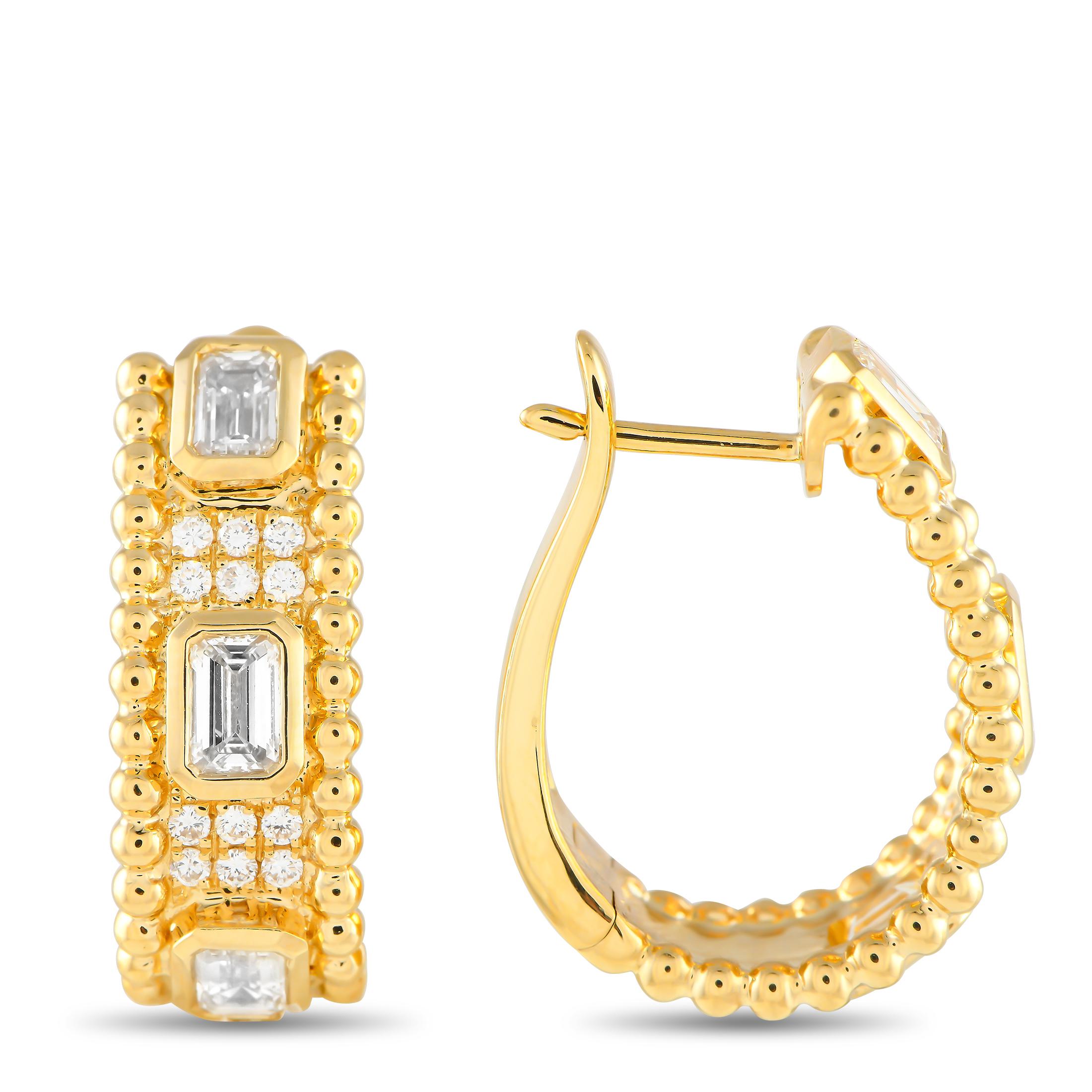 Sparkle, shine, and style are all present in this pair of yellow gold earrings. The hoops are designed with beaded edges and a hinged snap clasp. In between the beaded border are six round diamonds neatly arranged in rows and positioned alternately