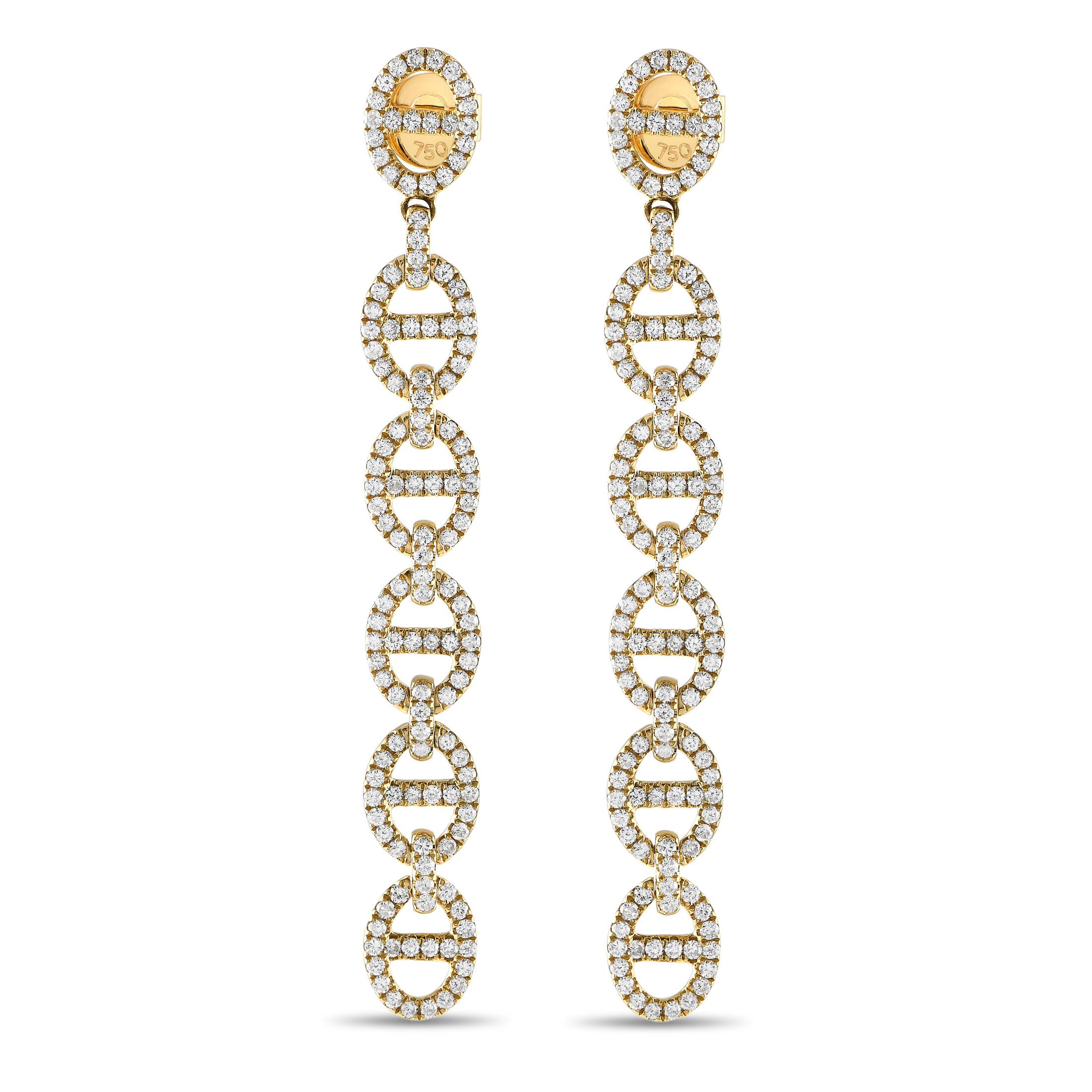 18K Yellow Gold 2.25ct Diamond Link Dangle Earrings In New Condition For Sale In Southampton, PA