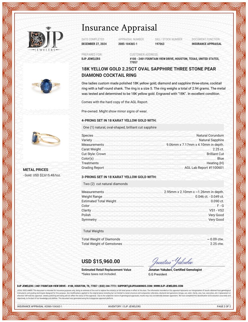 18K Yellow Gold 2.25ct Oval Sapphire Three Stone Pear Diamond Cocktail Ring For Sale 4