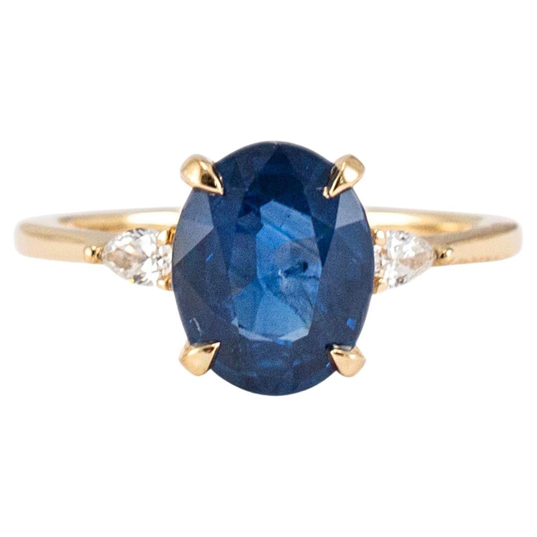 18K Yellow Gold 2.25ct Oval Sapphire Three Stone Pear Diamond Cocktail Ring