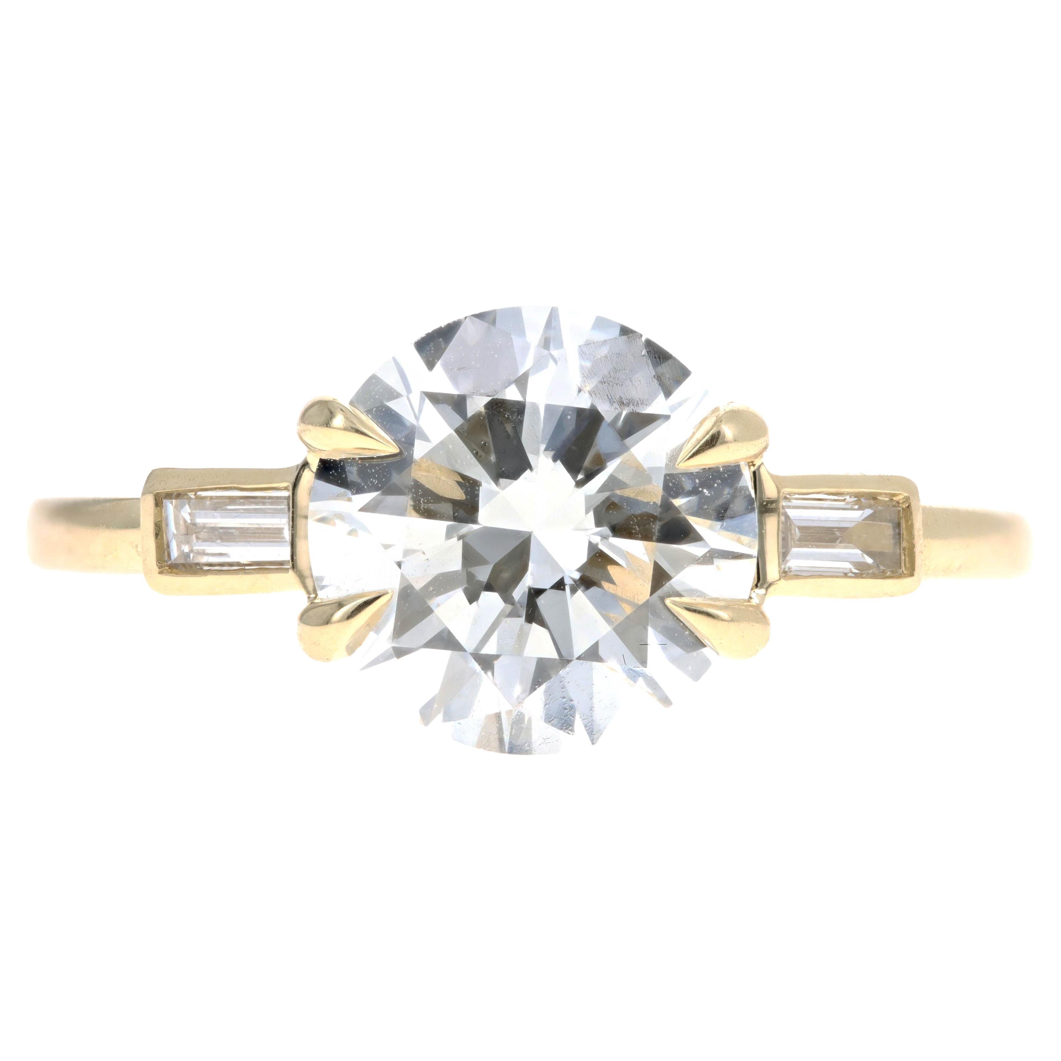18K Yellow Gold 2.31 Carat Round Diamond 3 Stone Baguette Engagement Ring For Sale
