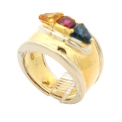 18k Yellow Gold 2.33ctw Ruby Yellow & Blue Sapphire 14.6mm Wide Band Ring