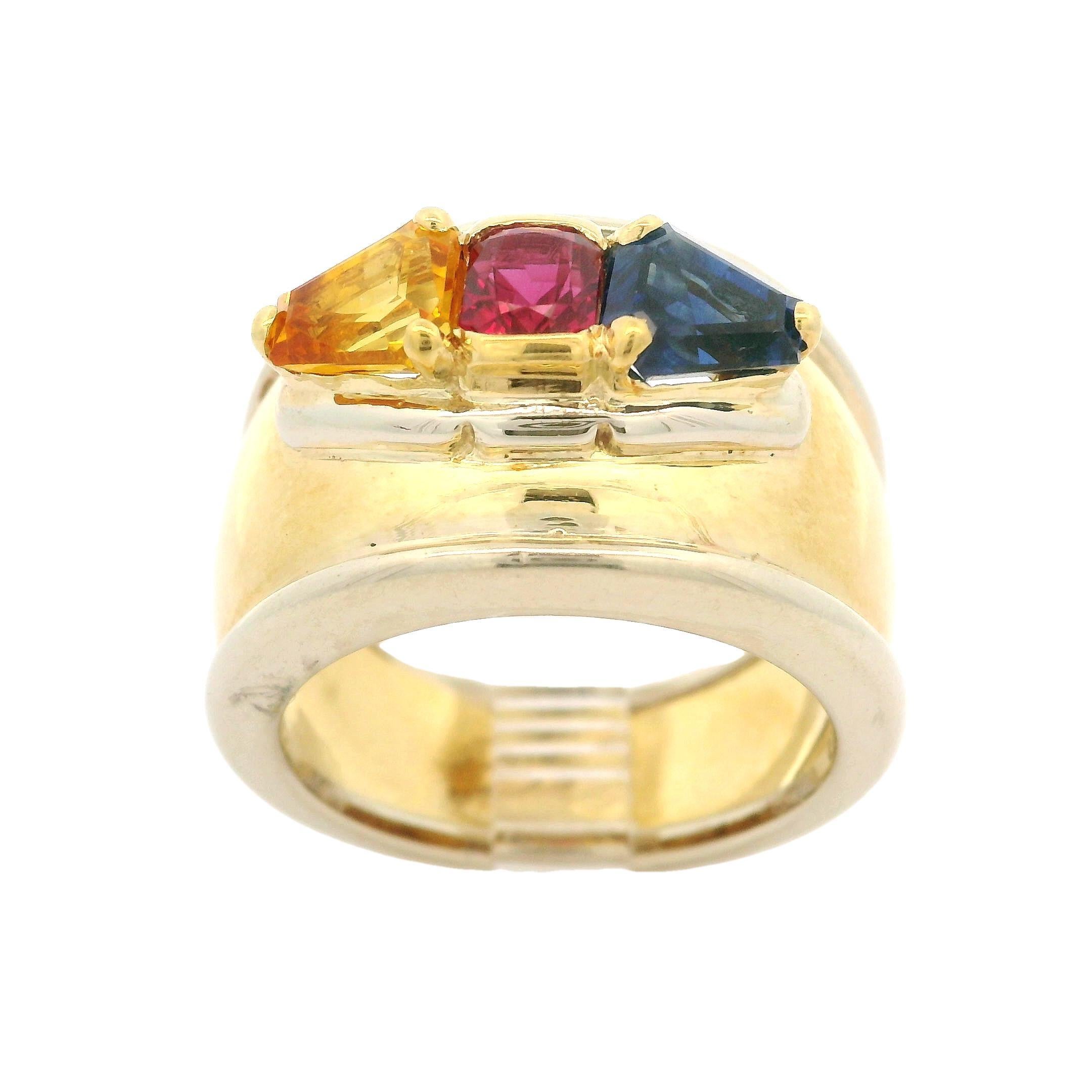 Cushion Cut 18k Yellow Gold 2.33ctw Ruby Yellow & Blue Sapphire 14.6mm Wide Band Ring For Sale