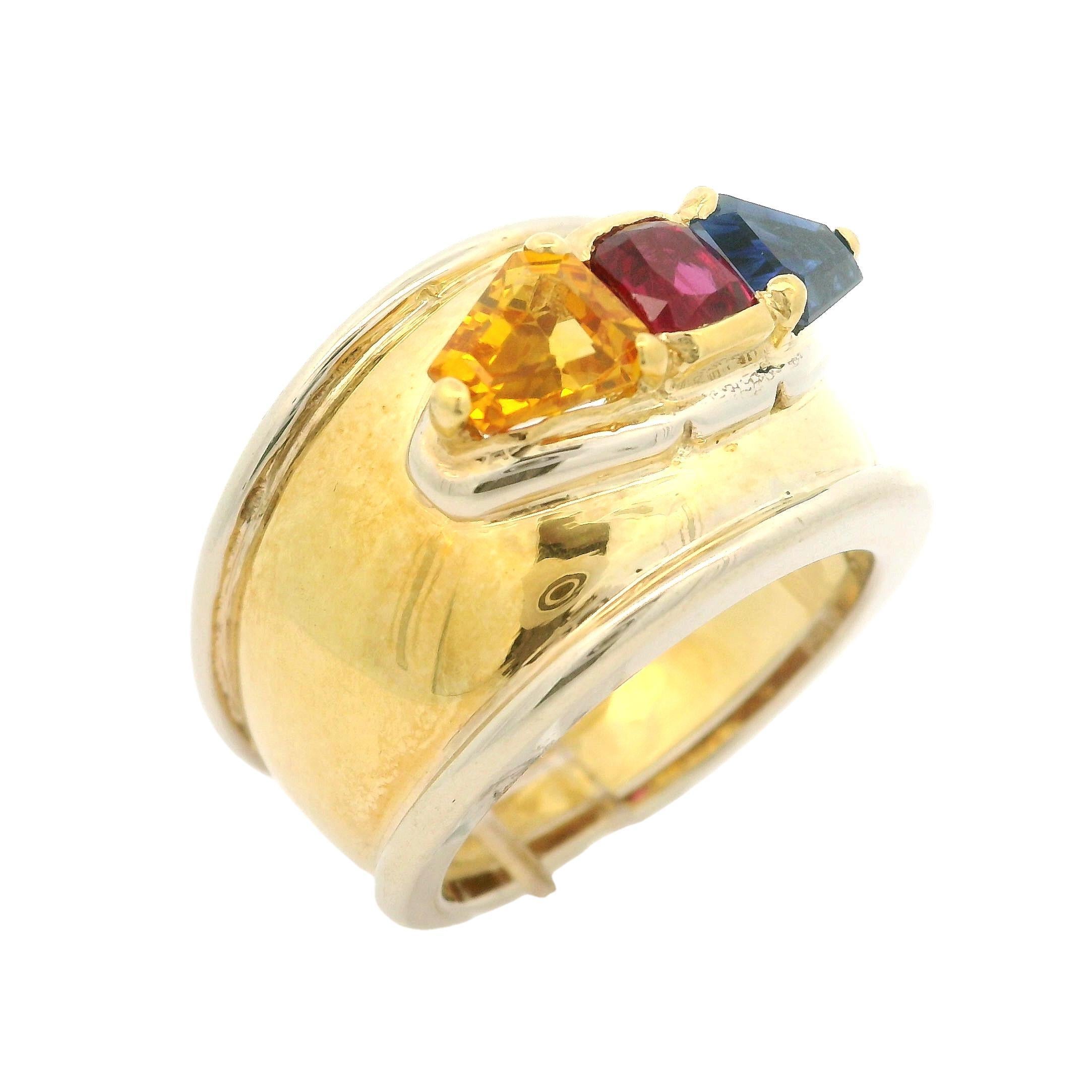 18k Yellow Gold 2.33ctw Ruby Yellow & Blue Sapphire 14.6mm Wide Band Ring In Excellent Condition For Sale In Montclair, NJ