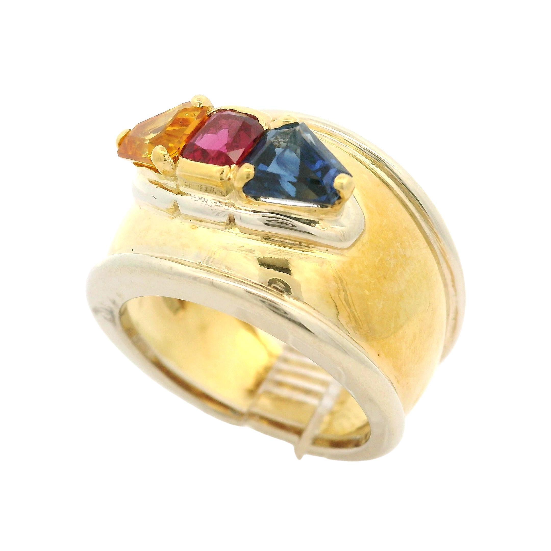 Women's 18k Yellow Gold 2.33ctw Ruby Yellow & Blue Sapphire 14.6mm Wide Band Ring For Sale