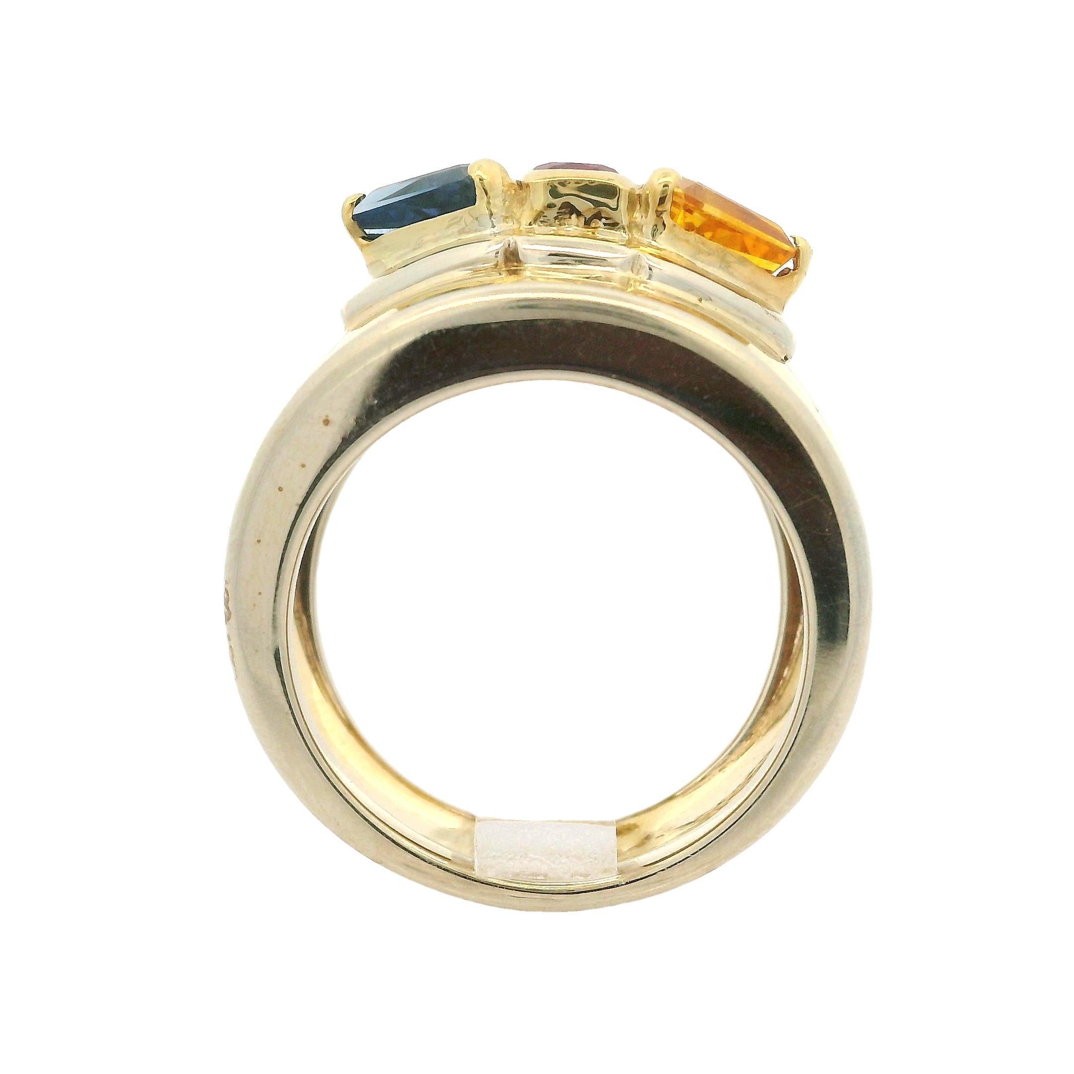 18k Yellow Gold 2.33ctw Ruby Yellow & Blue Sapphire 14.6mm Wide Band Ring For Sale 1