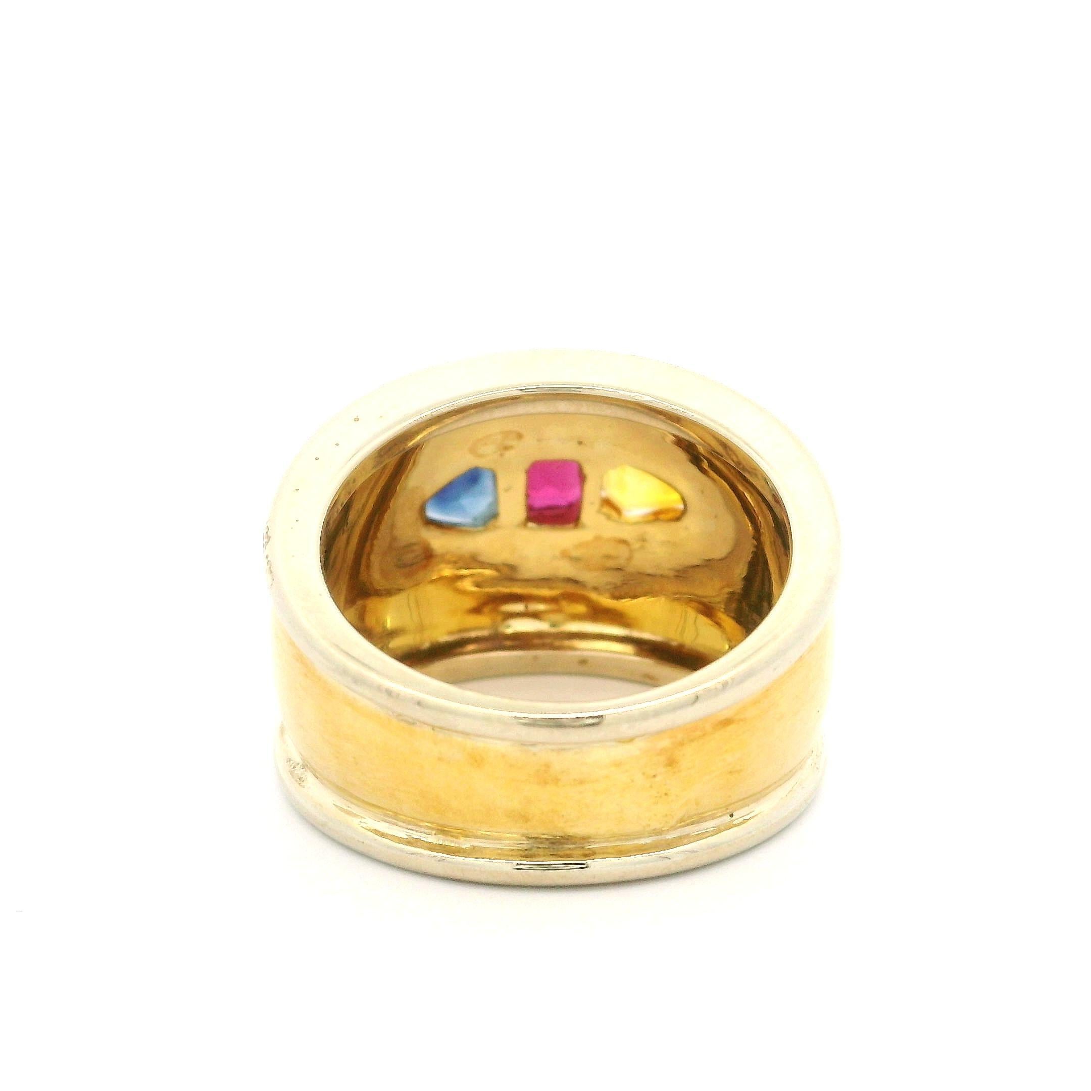 18k Yellow Gold 2.33ctw Ruby Yellow & Blue Sapphire 14.6mm Wide Band Ring For Sale 2