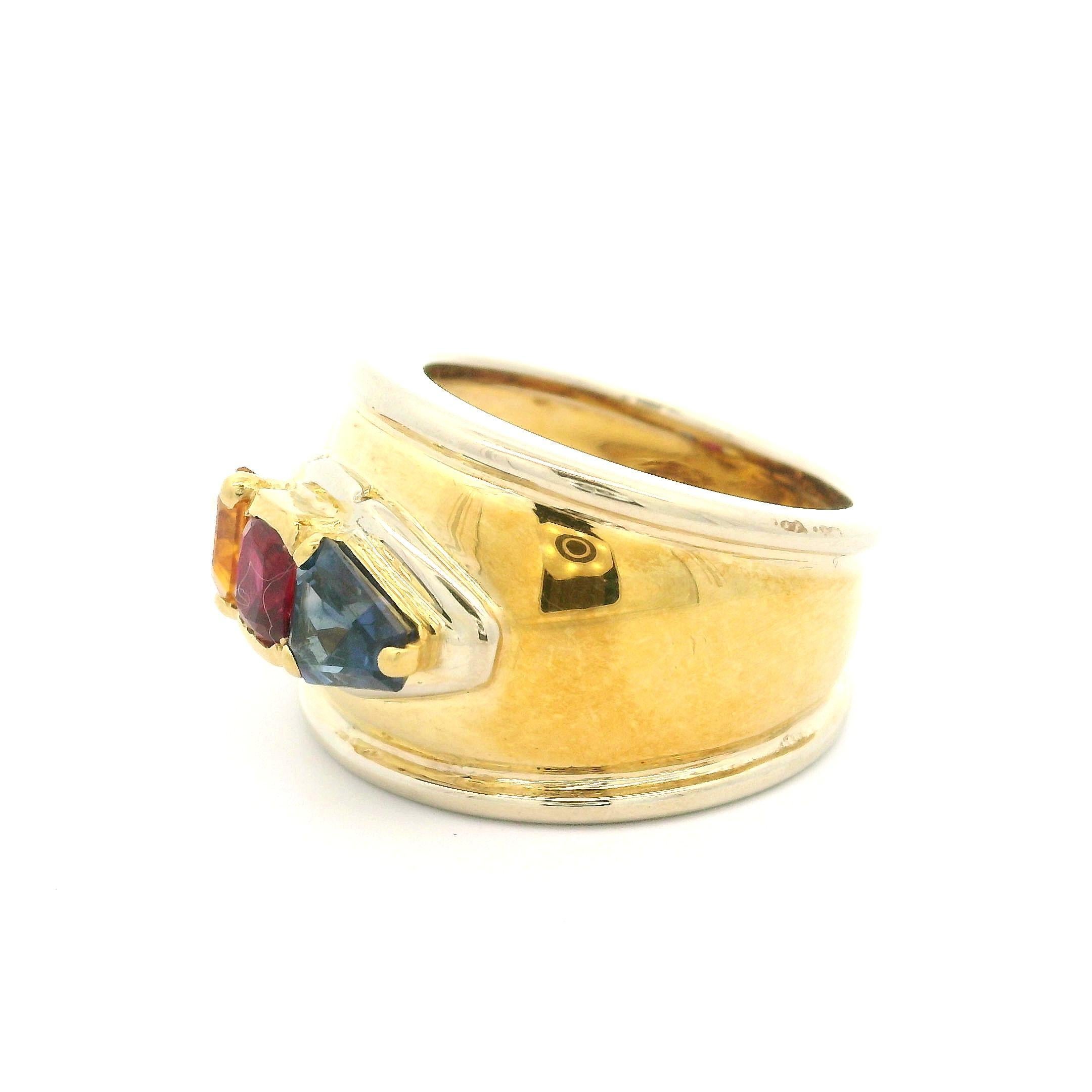18k Yellow Gold 2.33ctw Ruby Yellow & Blue Sapphire 14.6mm Wide Band Ring For Sale 3