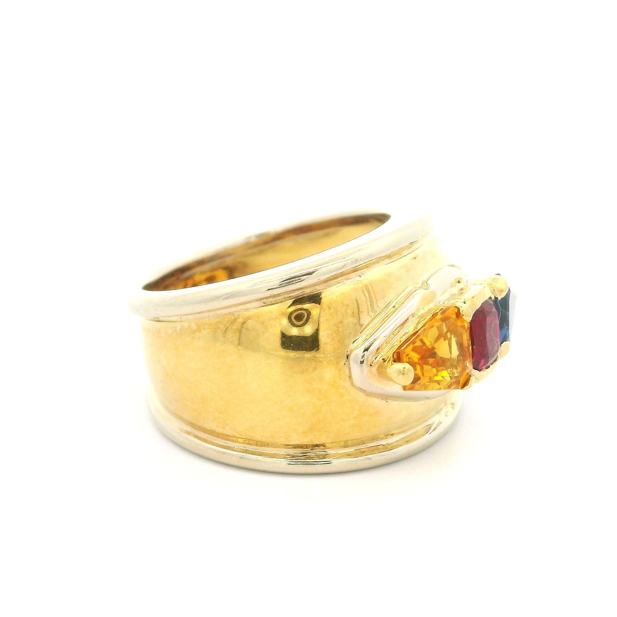 18k Yellow Gold 2.33ctw Ruby Yellow & Blue Sapphire 14.6mm Wide Band Ring For Sale 4