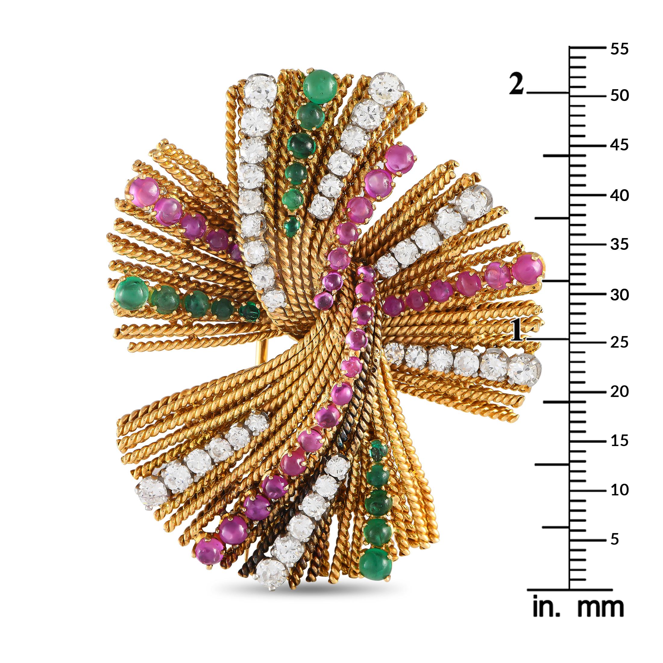 Round Cut 18K Yellow Gold 2.50ct Diamond, Ruby, and Emerald Brooch For Sale