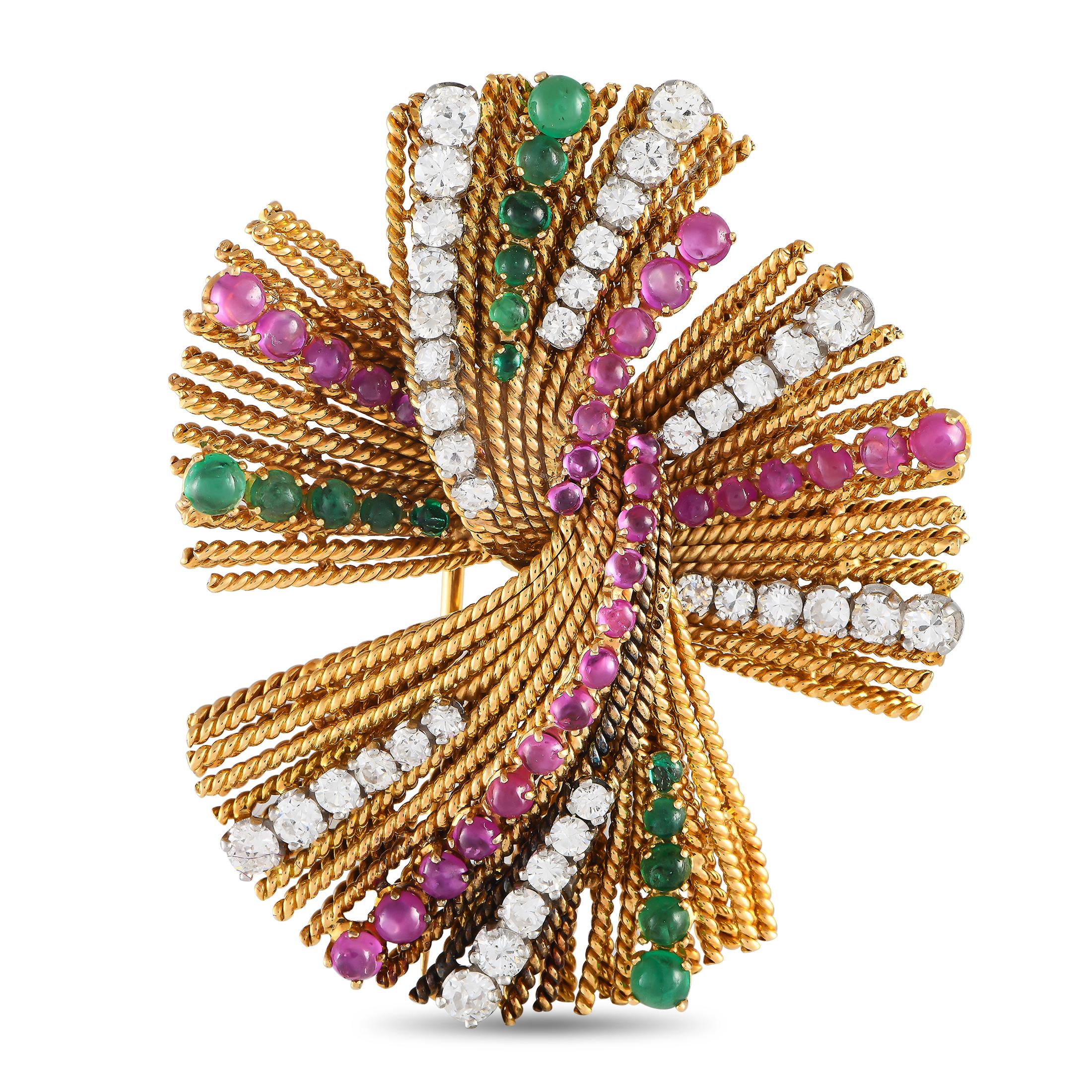 18K Yellow Gold 2.50ct Diamond, Ruby, and Emerald Brooch In Excellent Condition For Sale In Southampton, PA