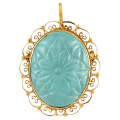 18K Yellow Gold 25ct Carved Aquamarine Filigree Pendant MF21-062526