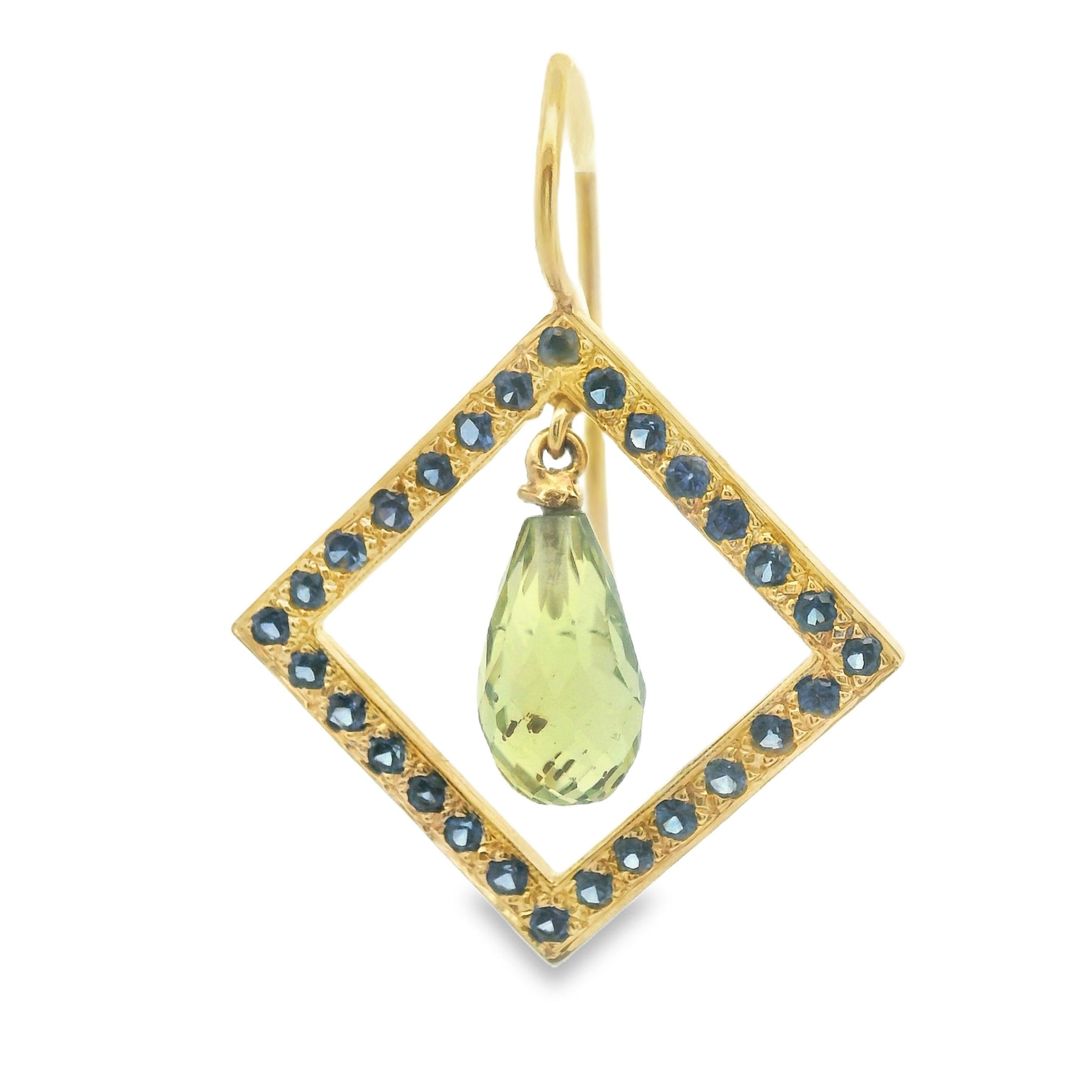 18k Yellow Gold 2.5cttw Geometric Briolette Peridot & Sapphire Dangle Earrings For Sale 1