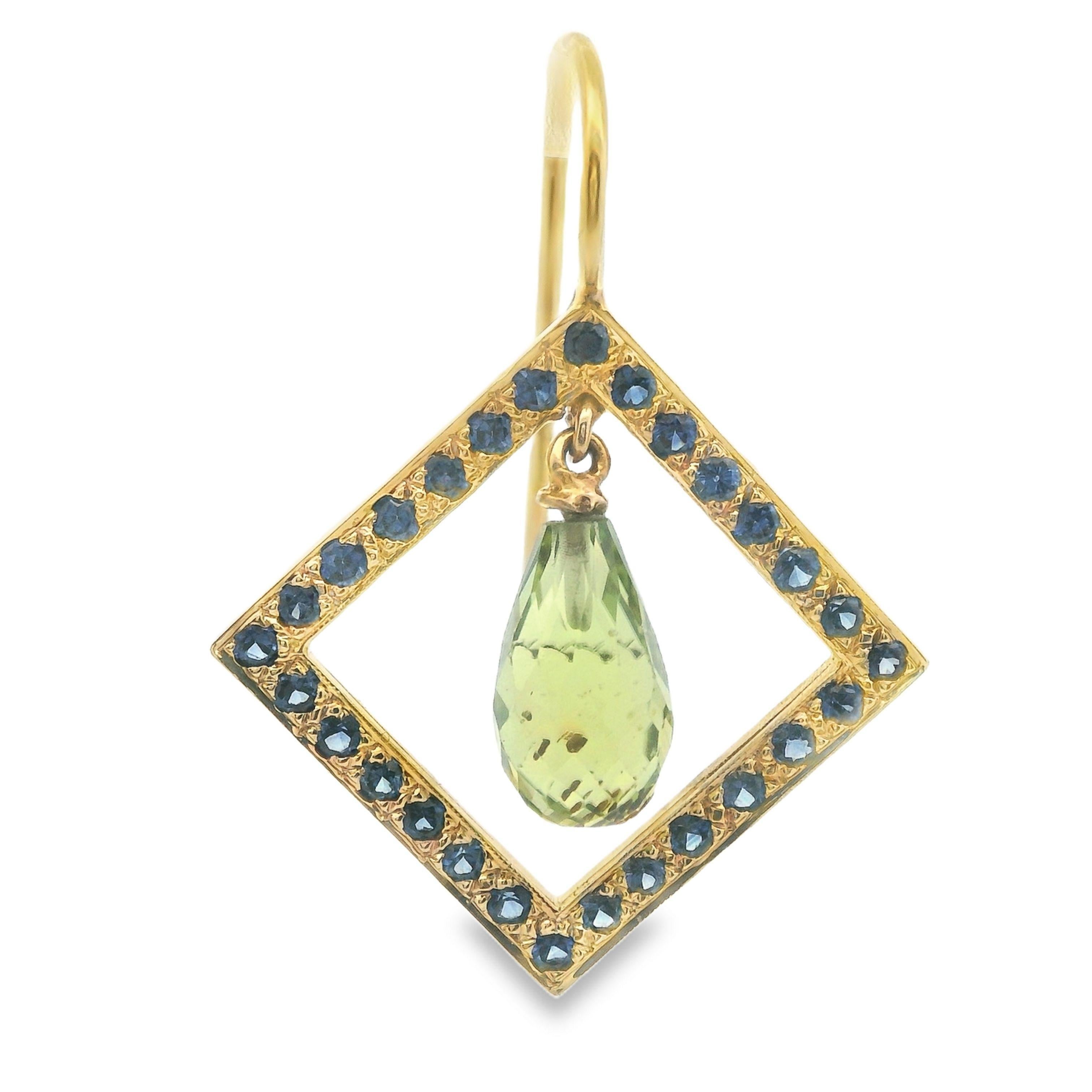 18k Yellow Gold 2.5cttw Geometric Briolette Peridot & Sapphire Dangle Earrings For Sale 2