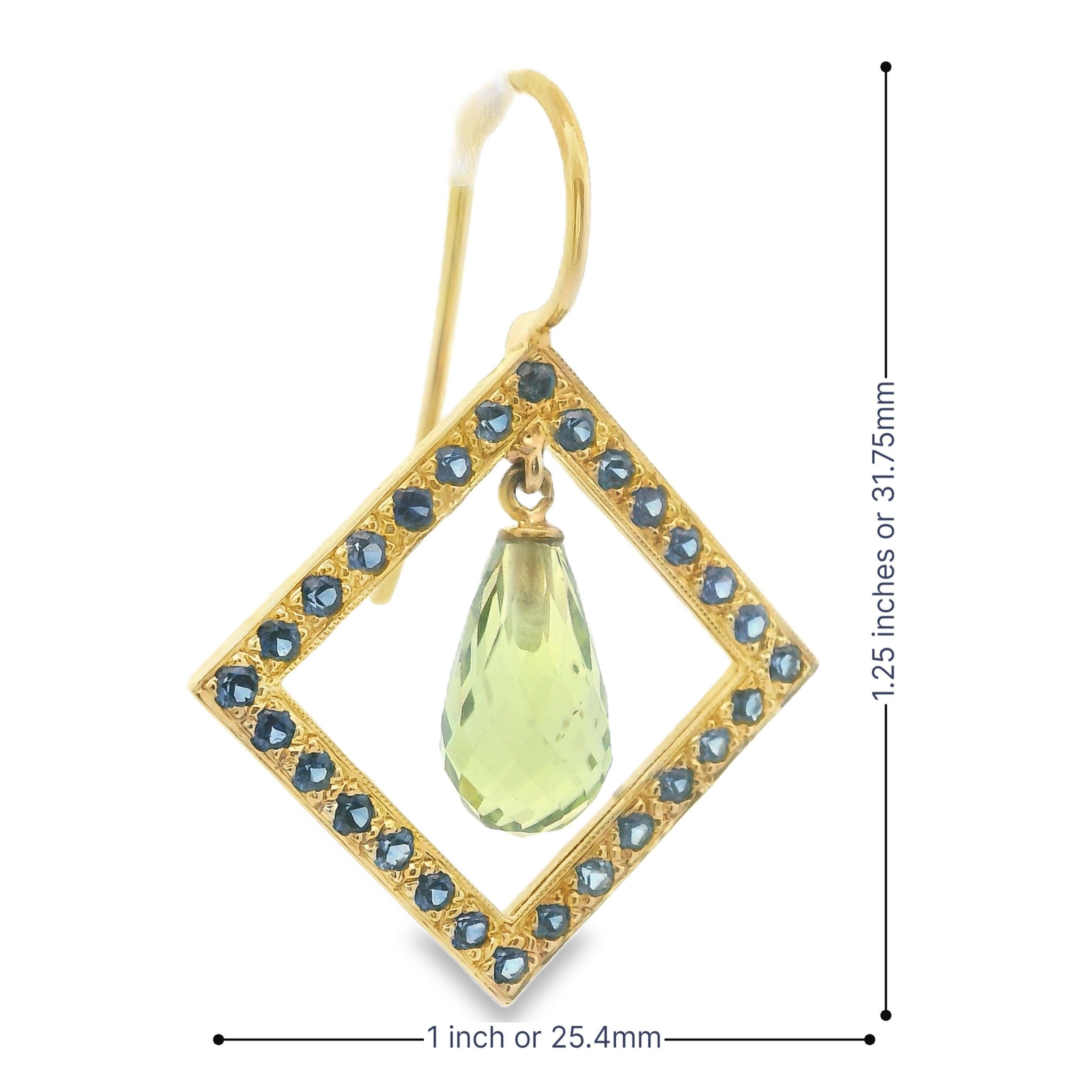18k Yellow Gold 2.5cttw Geometric Briolette Peridot & Sapphire Dangle Earrings For Sale 4