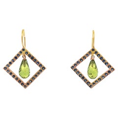 18k Yellow Gold 2.5cttw Geometric Briolette Peridot & Sapphire Dangle Earrings