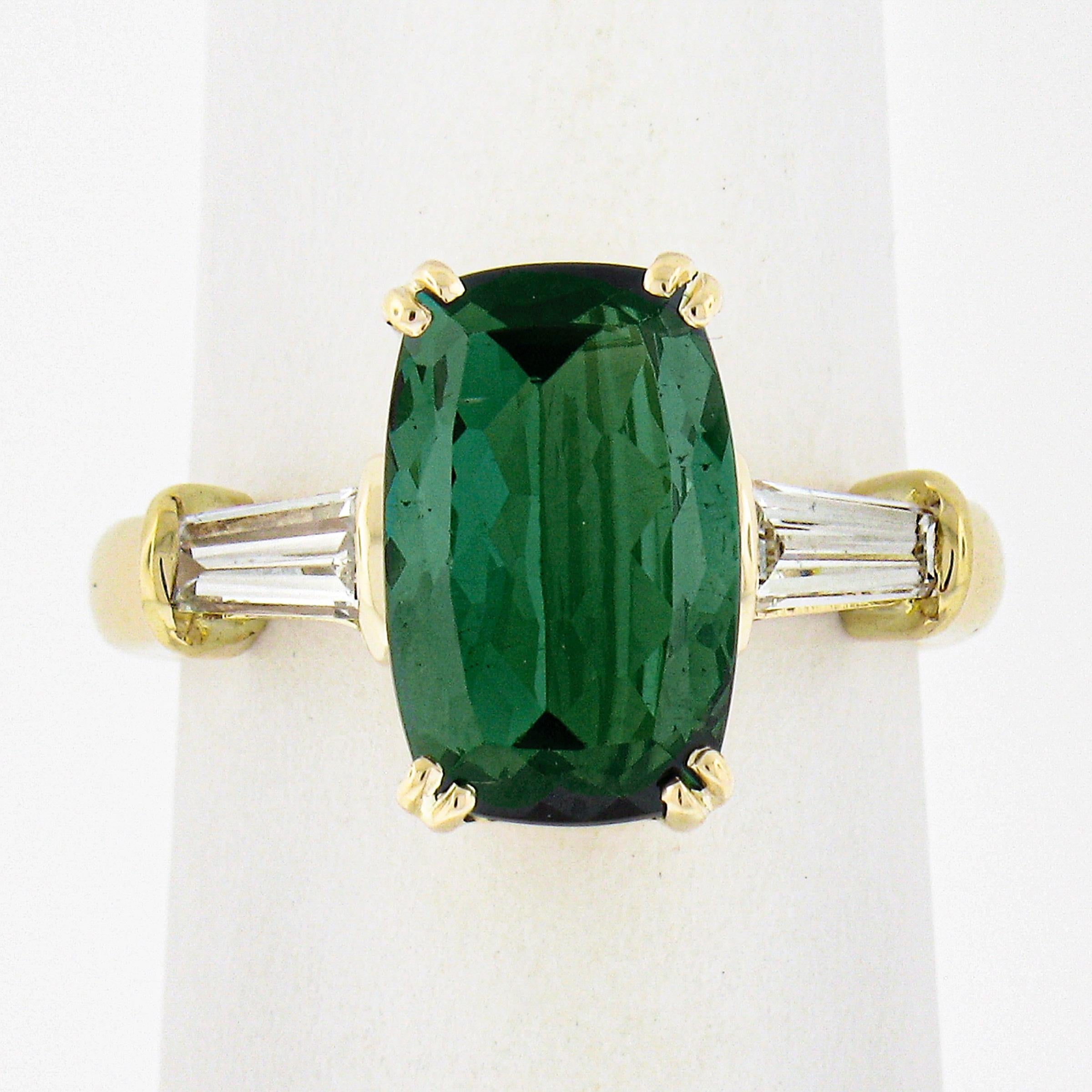 --Stone(s):--
(1) Natural Genuine Tourmaline - Elongated Cushion Cut - Dual Prong Set - Lively Green Color - 2.24ct (exact)
(2) Natural Genuine Diamonds - Baguette Cut - Channel Set - H/I Color - VS1/VS2 Clarity - 0.40ctw (approx.)

Material: Solid