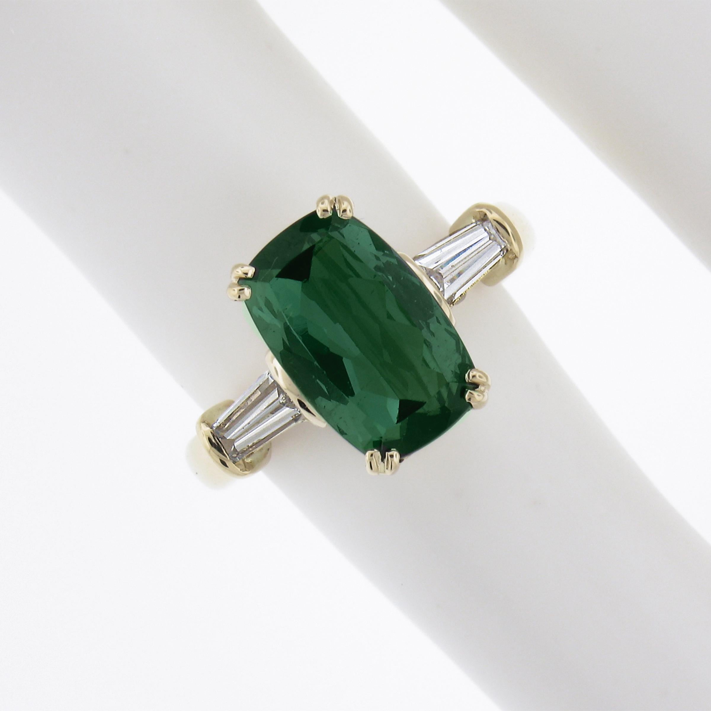 18K Yellow Gold 2.64ctw Elongated Green Tourmaline Solitaire & Diamond Band Ring In Excellent Condition In Montclair, NJ