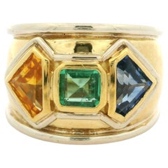 18k Yellow Gold 2.65ctw Emerald & Sapphire Wide Domed Bombe Cocktail Band Ring