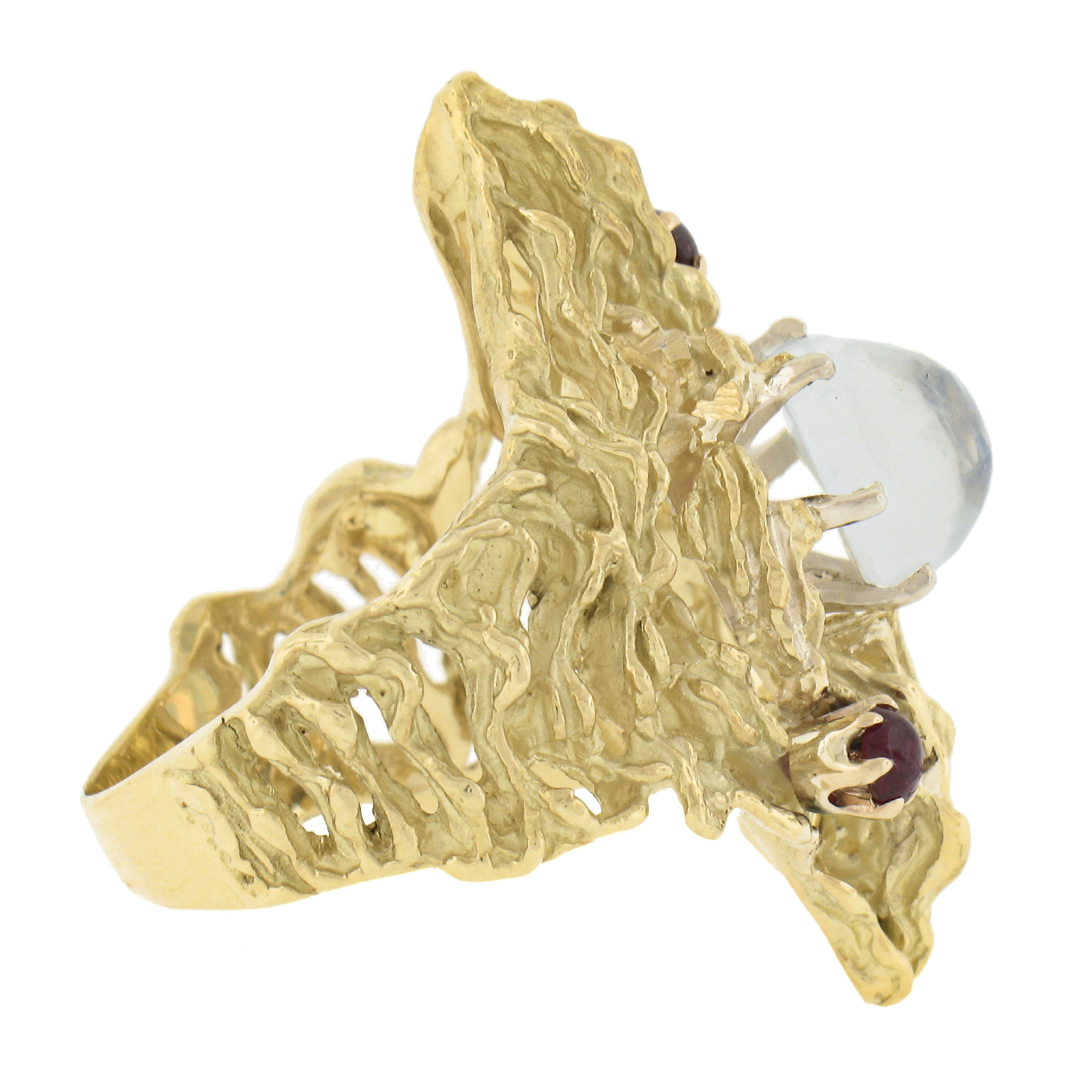 Women's 18k Yellow Gold 2.78ct Blue Moonstone Nugget Dual Textured Elongated Ring For Sale