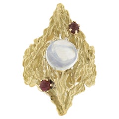 18 Karat Gelbgold 2,78 Karat Blauer Mondstein Nugget Dual strukturierter länglicher Ring