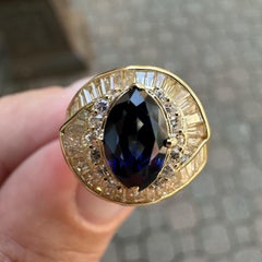 18k Gelbgold 2,86ct GIA Marquise Deep Blue Sapphire Diamond Swirl Ring