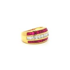 18k Yellow Gold 2.99ctw Baguette Channel Set Ruby & Diamond 3 Row Wide Band Ring