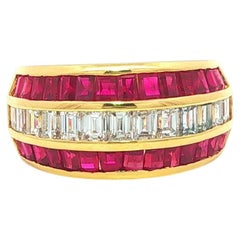 18k Yellow Gold 2.99ctw Baguette Channel Set Ruby & Diamond 3 Row Wide Band Ring
