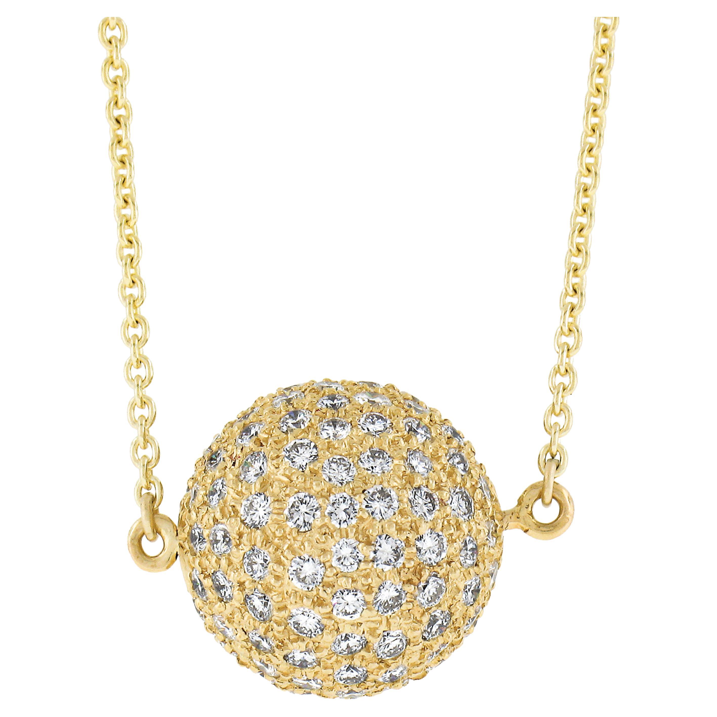 18k Yellow Gold 2ctw Fiery Diamond Ball Bead Spinning Pendant Chain Necklace