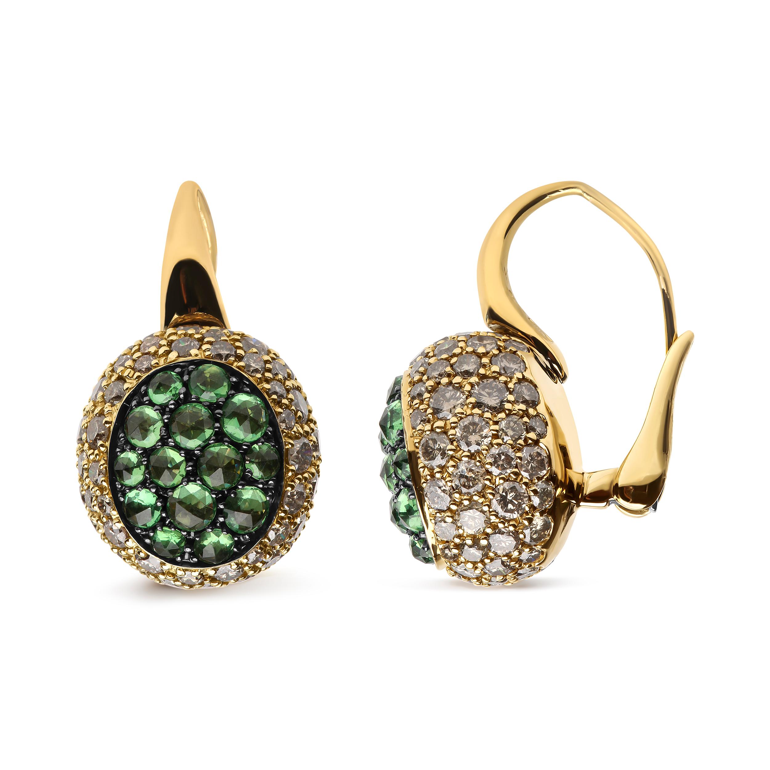 Contemporary 18K Yellow Gold 3 1/2 Carat Diamond and Green Tsavorite Gemstone Hoop Earrings For Sale
