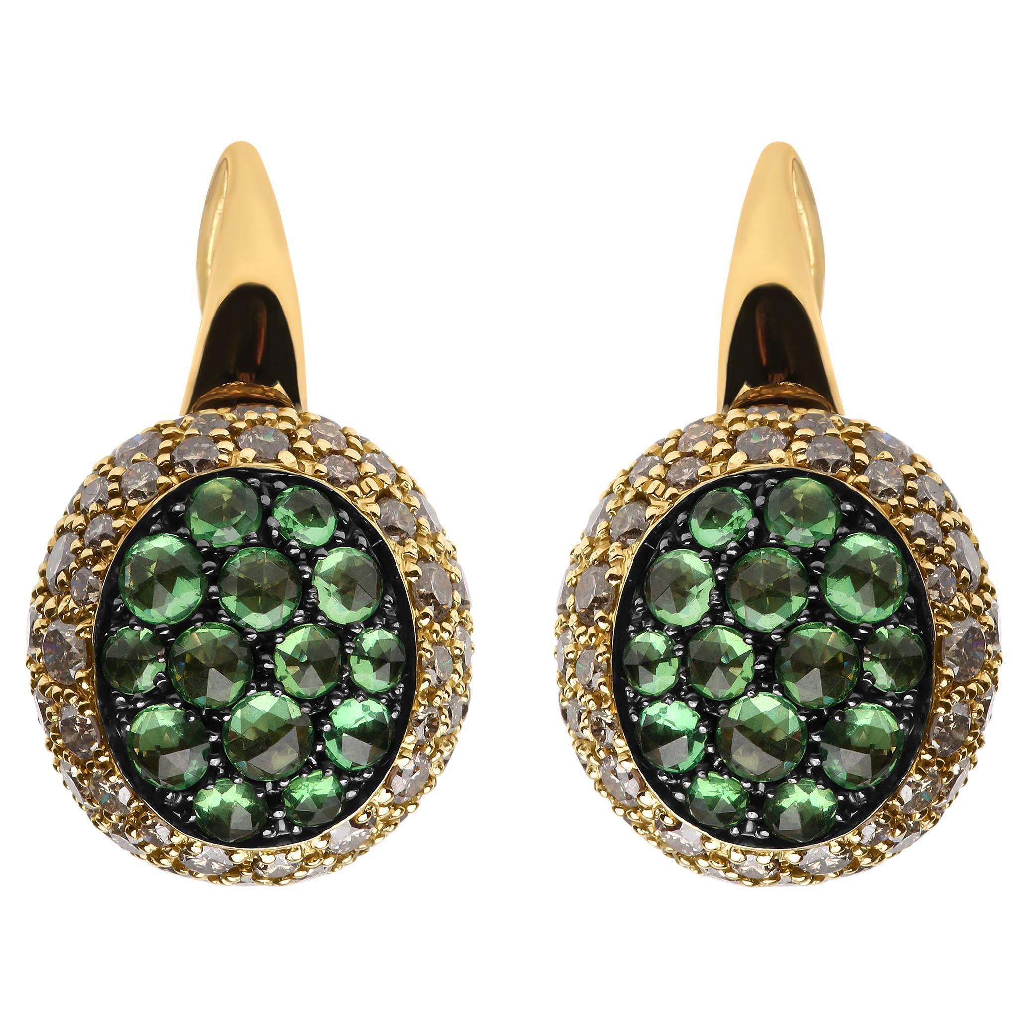 18K Yellow Gold 3 1/2 Carat Diamond and Green Tsavorite Gemstone Hoop Earrings