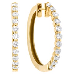 18K Yellow Gold 3/4 Carat Round Diamond Single Row Hoop Earrings