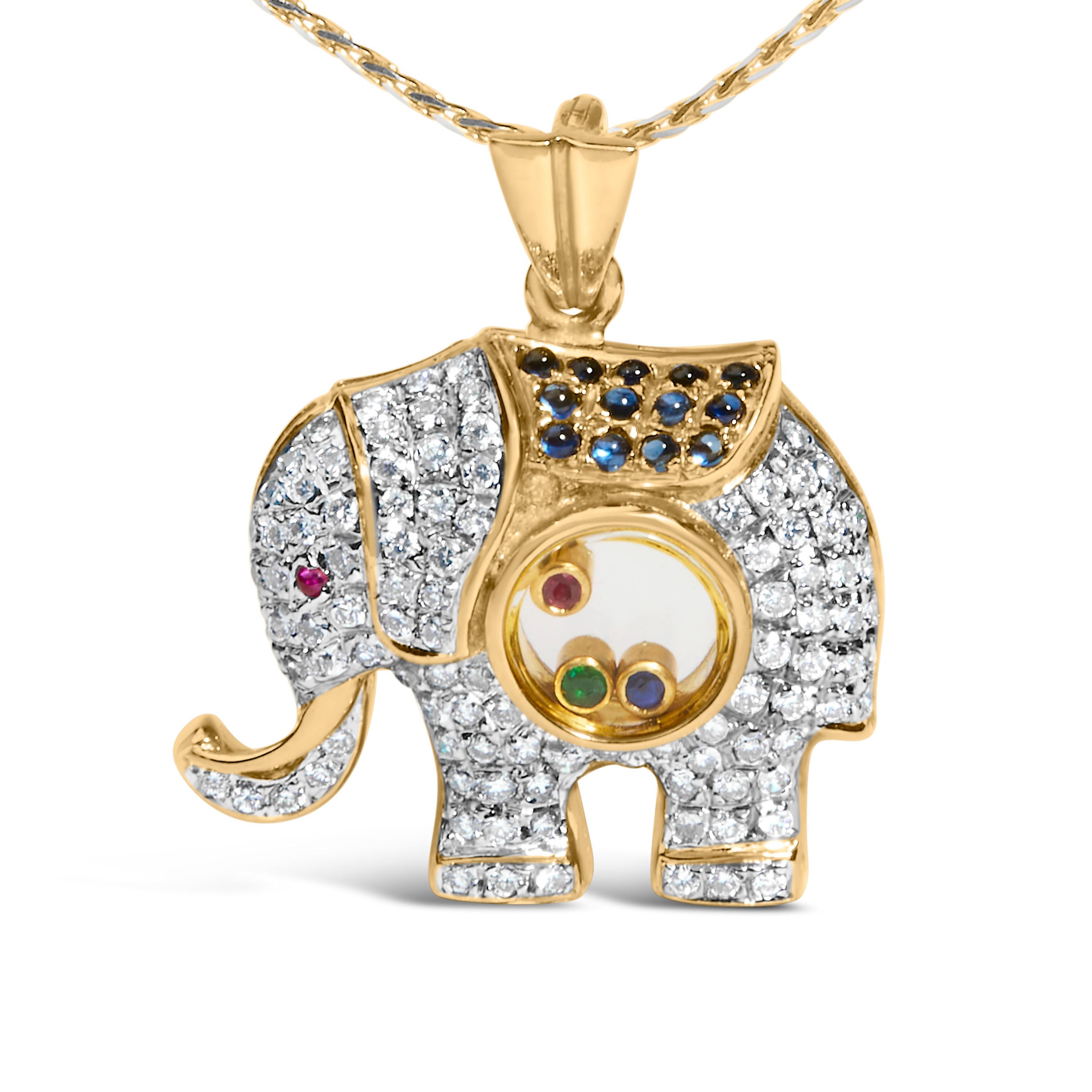 Imbued with the exotic charm of the majestic elephant, this elegant 18K yellow gold pendant necklace transcends mere adornment to become a captivating piece of wearable art. Crafted with precision, it sparkles intensely with 3/4 carats of natural