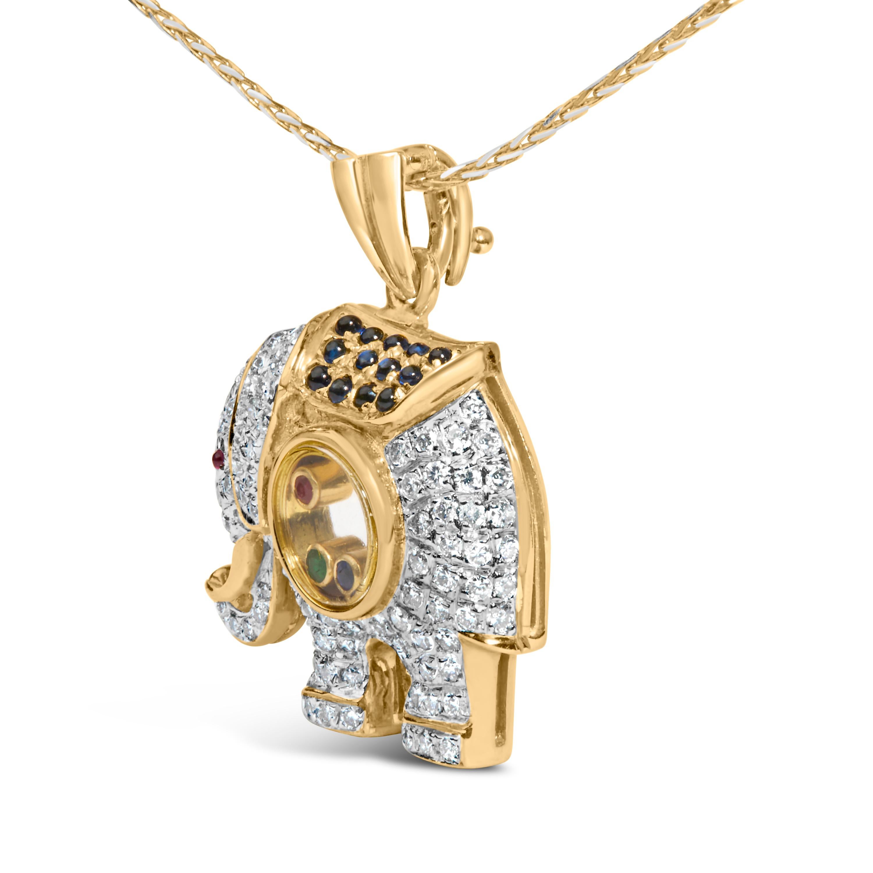 Modern 18K Yellow Gold 3/4ct Diamond Elephant Shaker Pendant Necklace with Gemstones For Sale