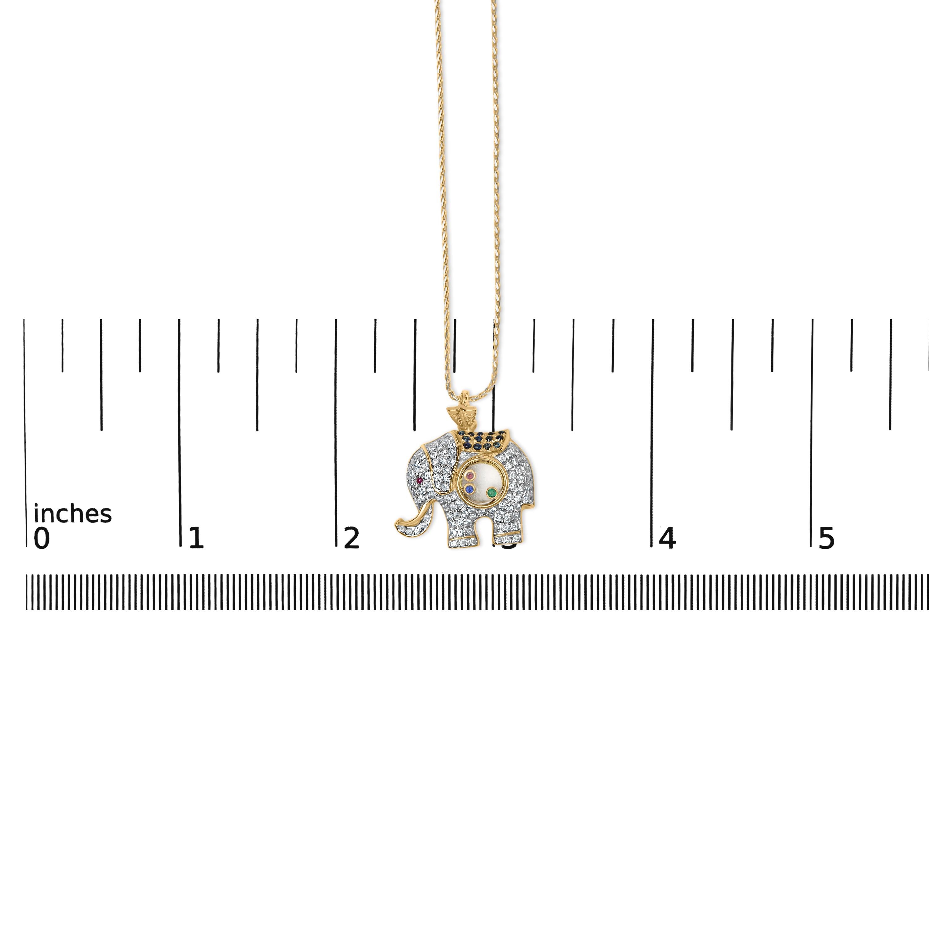 Round Cut 18K Yellow Gold 3/4ct Diamond Elephant Shaker Pendant Necklace with Gemstones For Sale