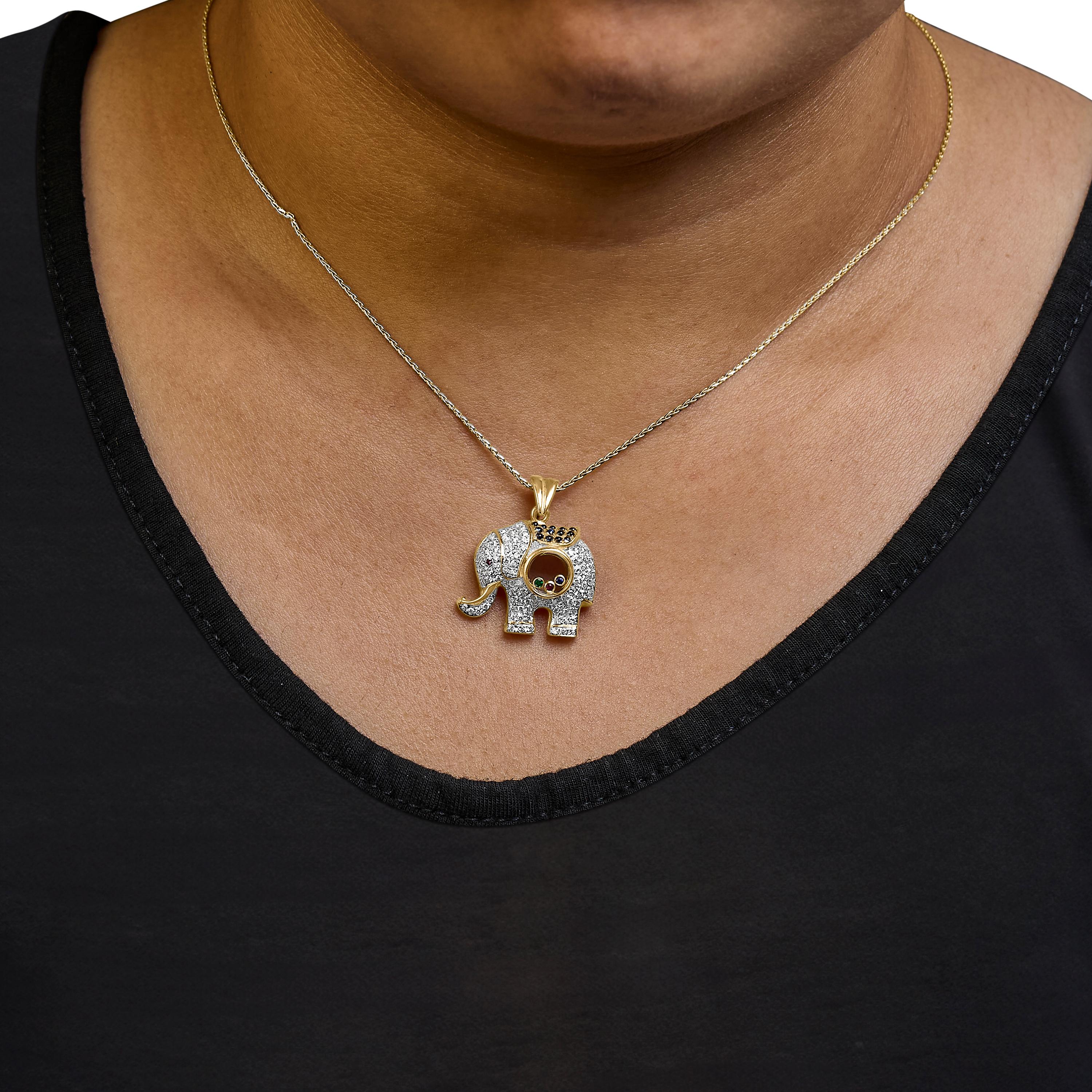 18K Yellow Gold 3/4ct Diamond Elephant Shaker Pendant Necklace with Gemstones In New Condition For Sale In New York, NY