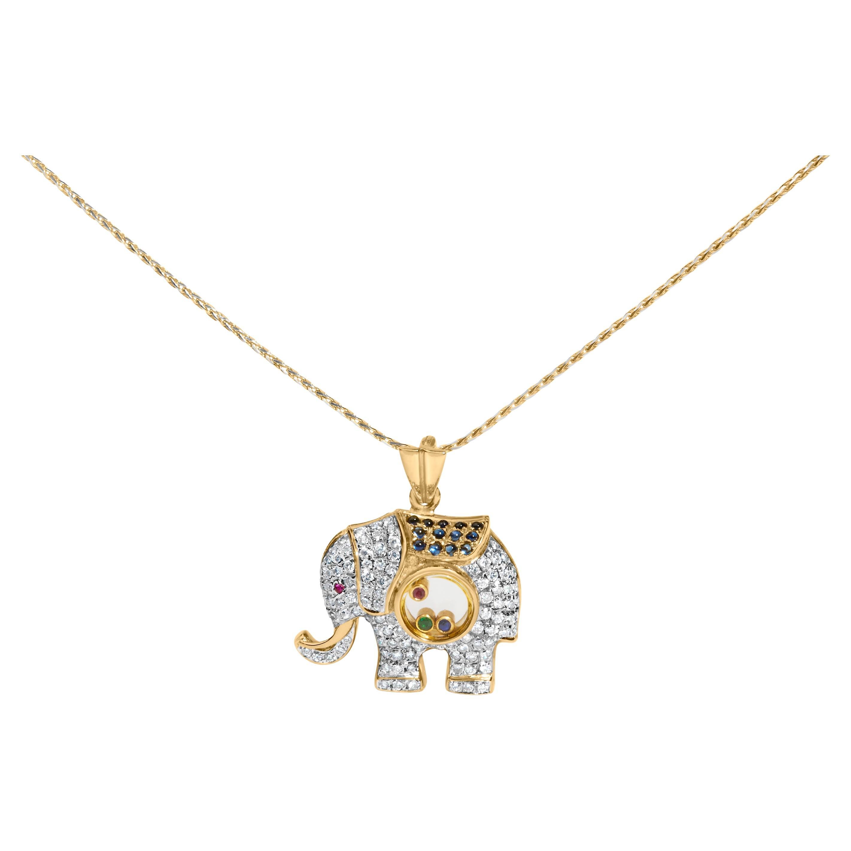 18K Yellow Gold 3/4ct Diamond Elephant Shaker Pendant Necklace with Gemstones For Sale