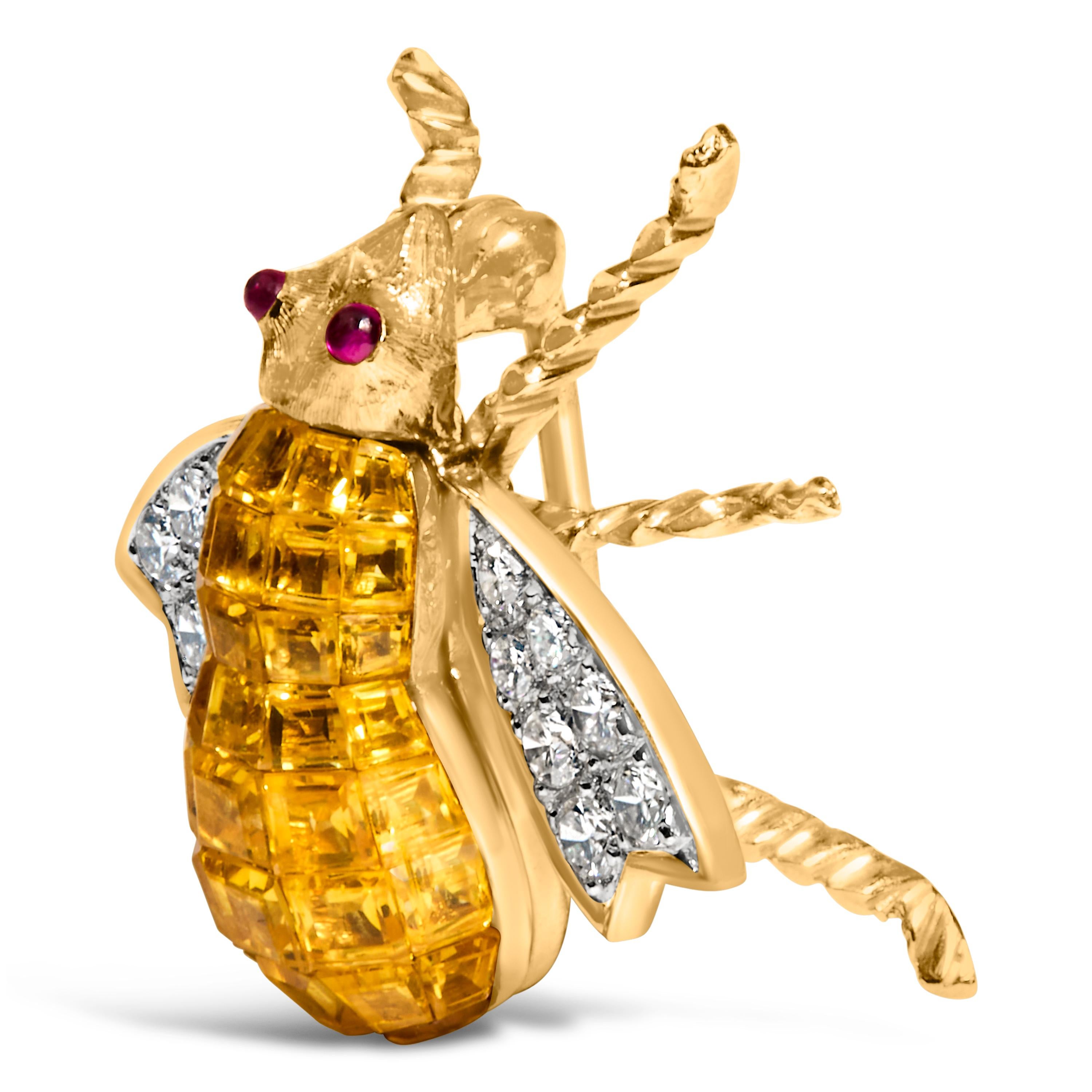 Unveil the splendor of nature with this enchanting bumblebee brooch pin, masterfully crafted in luxurious 18K yellow gold. With wings that shimmer with 3/8 carats of pave-set diamonds, radiantly plated in rhodium to accentuate their F-G color and