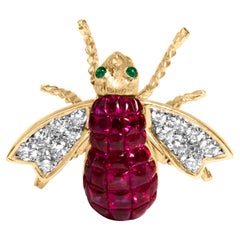 18K Yellow Gold 3/8 Cttw Diamond and 6 3/4 Cttw Red Ruby Bumblebee Brooch Pin