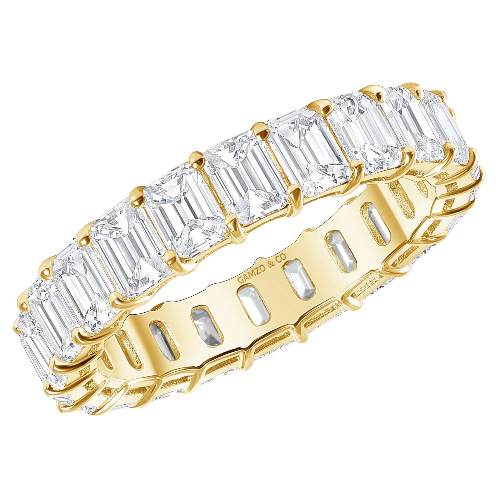 For Sale:  18k Yellow Gold 3 Carat Emerald Cut Natural Diamond Eternity Ring