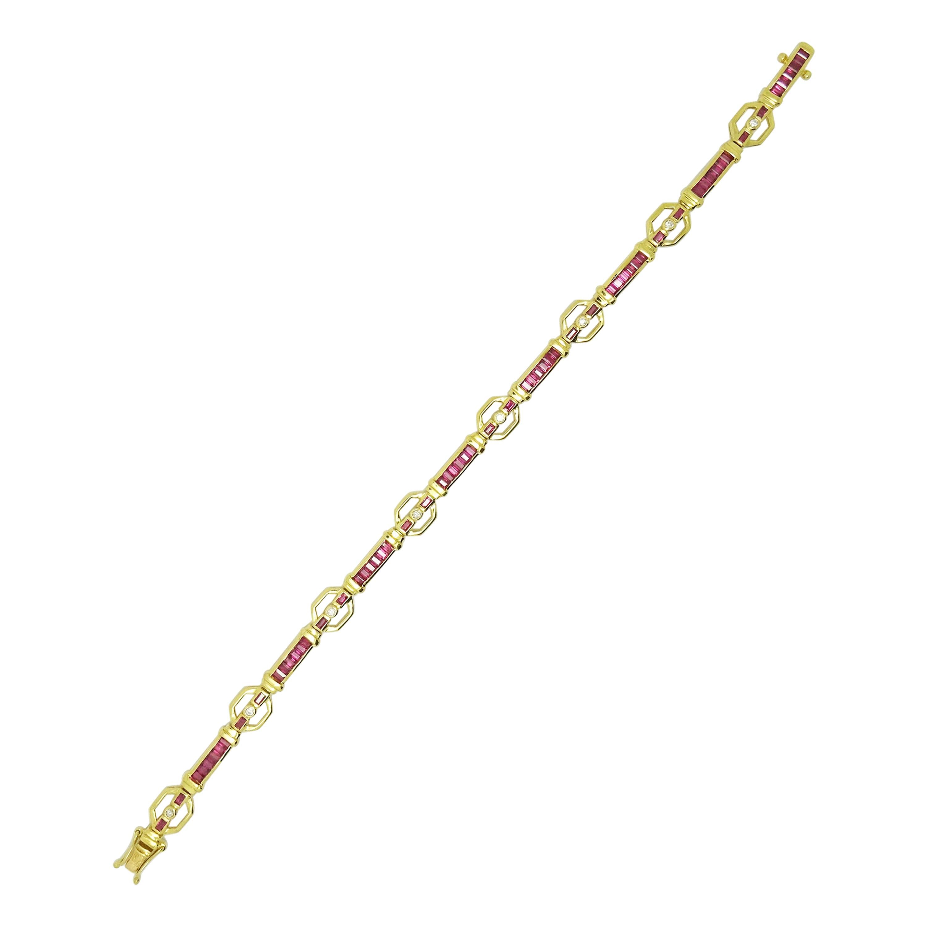 18k Yellow Gold 3 Carat Genuine Natural Ruby and Diamond Bracelet '#J3326' For Sale