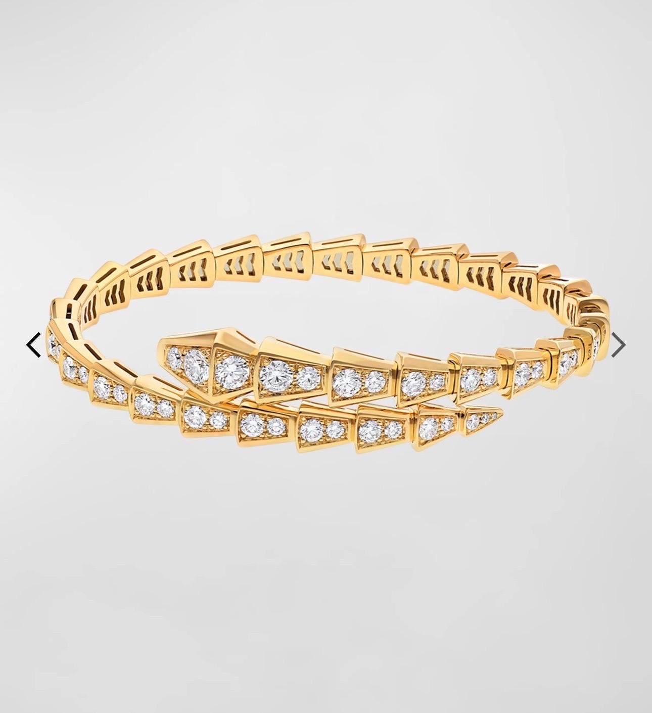 This bangle is not by Bvlgari
18k White Gold 3 Ct Pave Diamond Serpenti Viper Slim Bracelet in a size medium 
It will fit small to medium wridt 
It is a tribute to the spirit animal, capturing seduction through a hypnotic design. This sophisticated